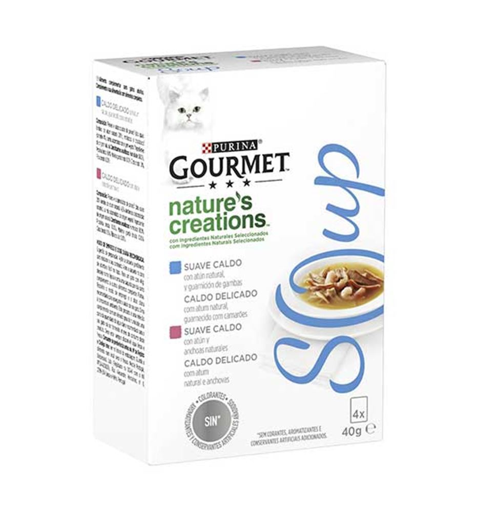 Purina Gourmet Nature's Creations Sopa de Atún y Gambas sobre para gatos
